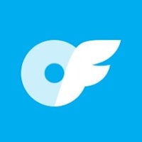 a white logo with wings on a blue background